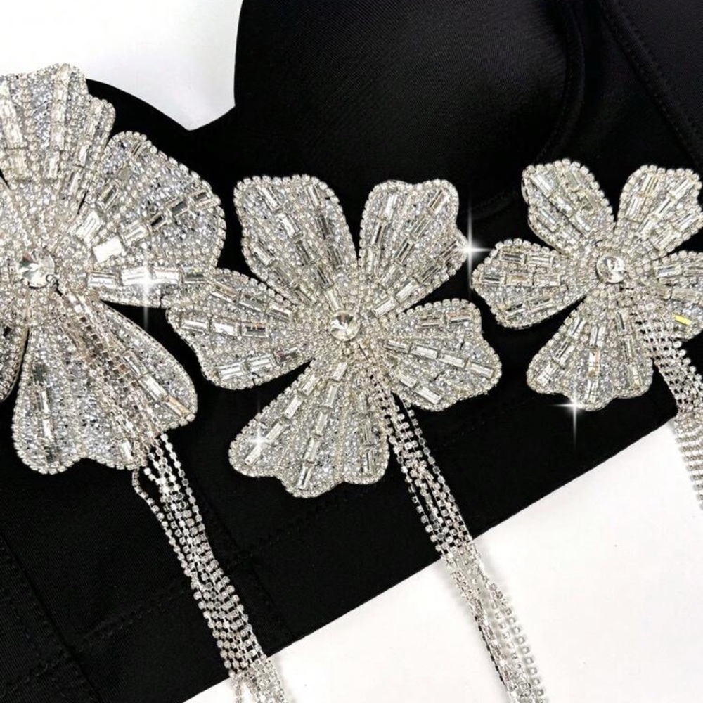 Black Diamond Studded Sparkling Flower Camisole Sexy Woman Fishbone Corset Top - Picture 4 of 7